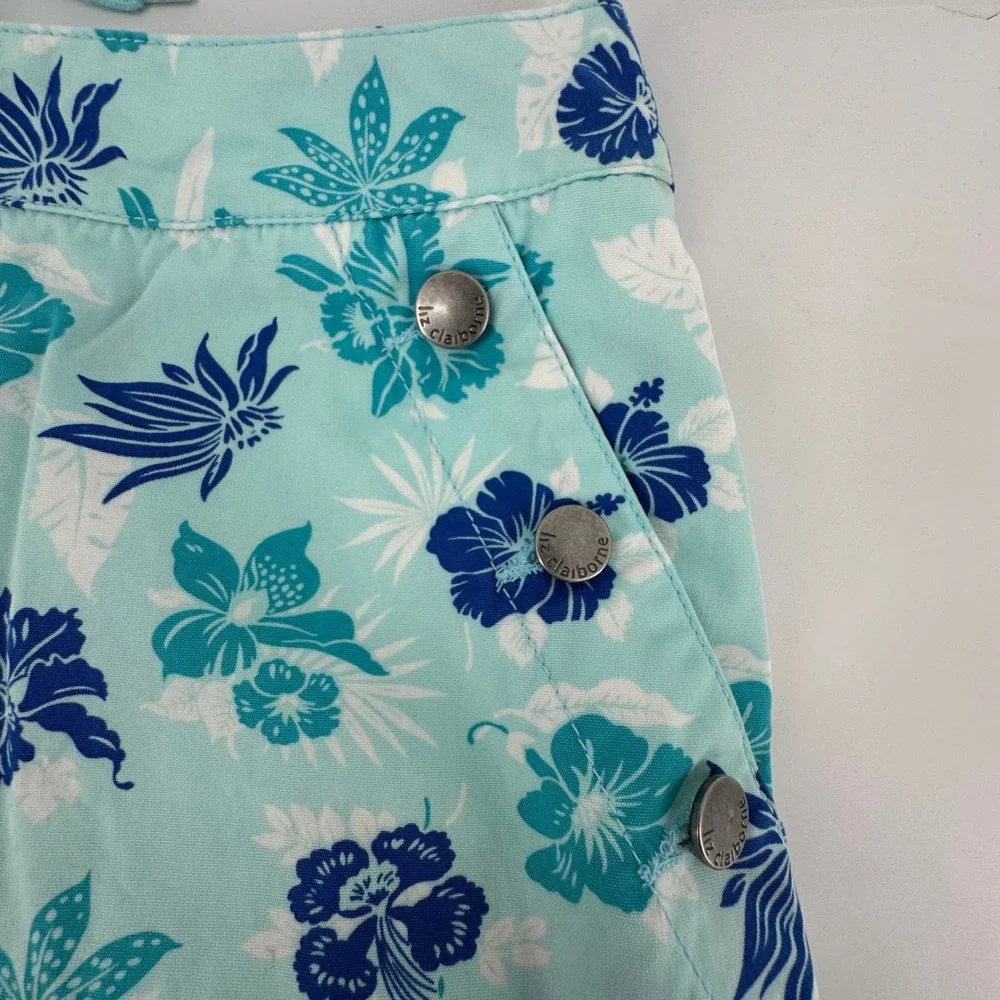 Liz Claiborne Floral Skort L Blue Denim Corset Back Tropical Casual Coastal - Picture 3 of 11